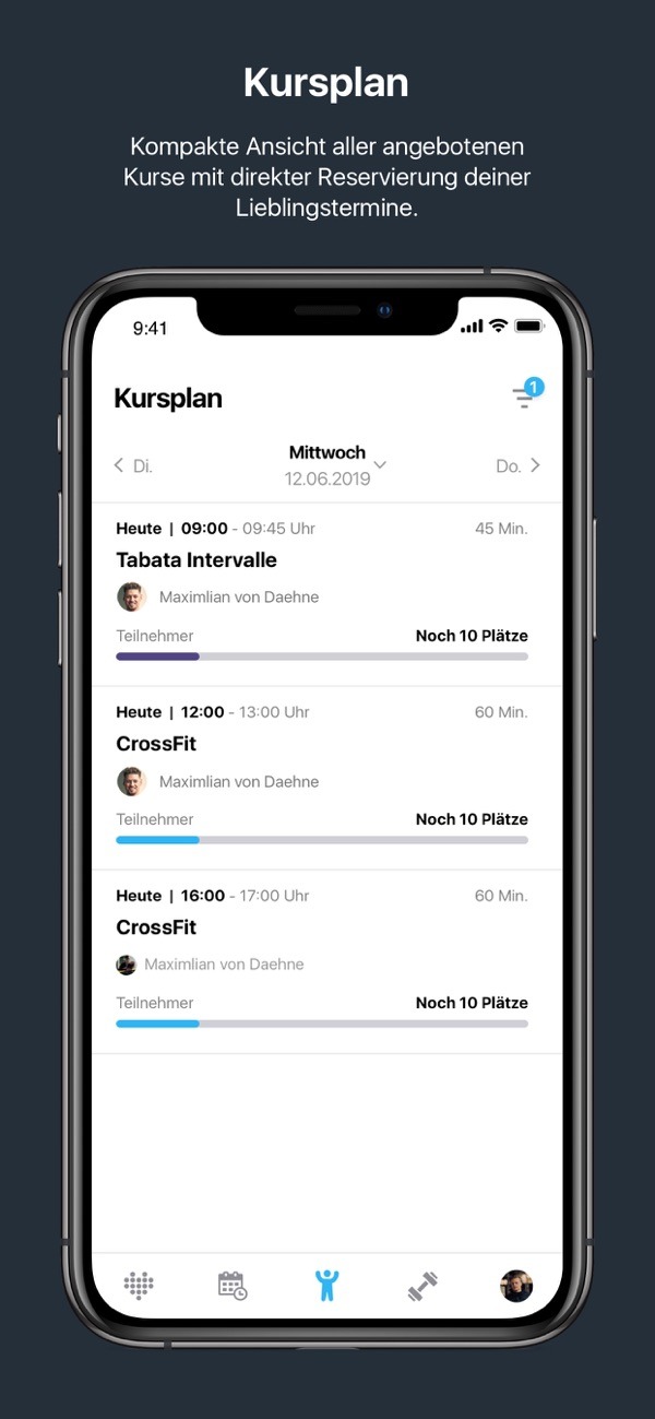 Kursplan - Kompakte Ansicht aller angebotenen Kurse mit direkter Reservierung deiner Lieblingstermine