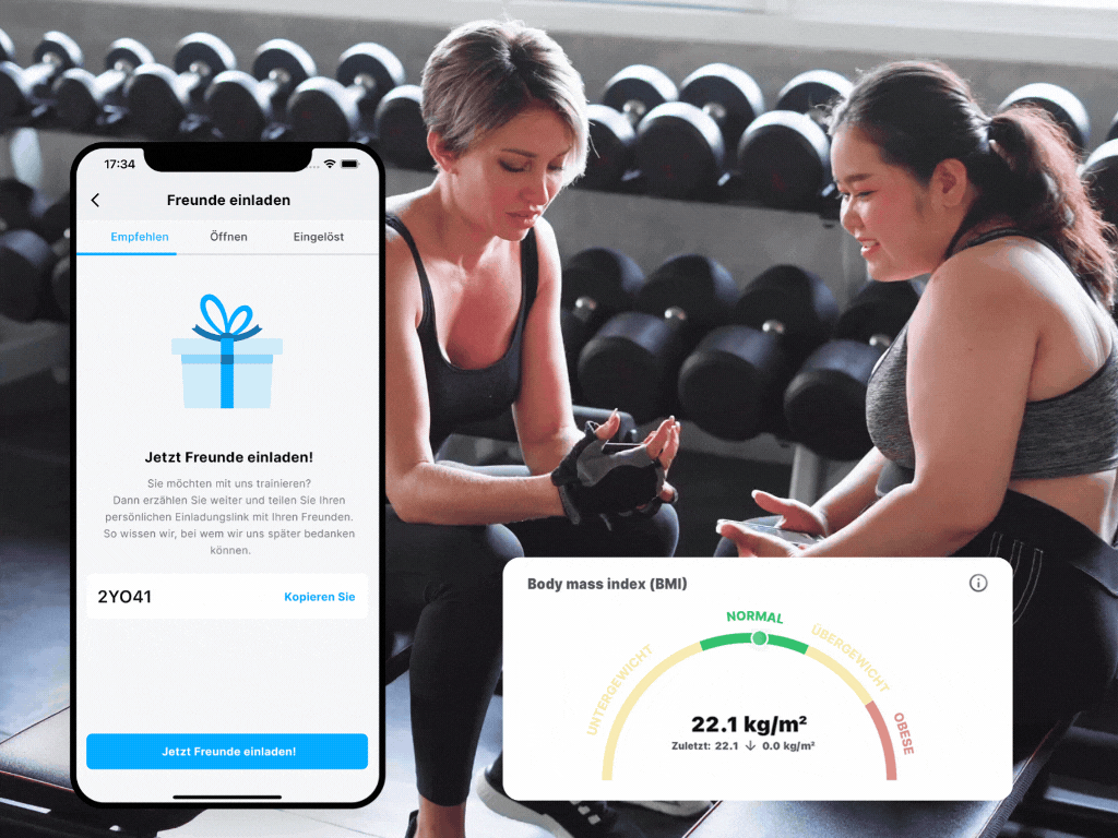 Mitgliedermarketing Zwei Freunde sprechen über ihre Fortschritte vor ihrer gemeinsamen Trainingseinheit.