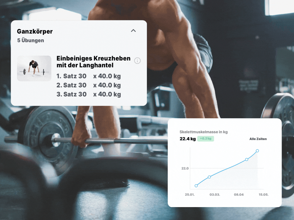 Mitgliederaktivitäten Ein Fitnessbegeisterter führt Übungen durch. In der MySports-App kann er seinen Trainingsfortschritt einsehen.