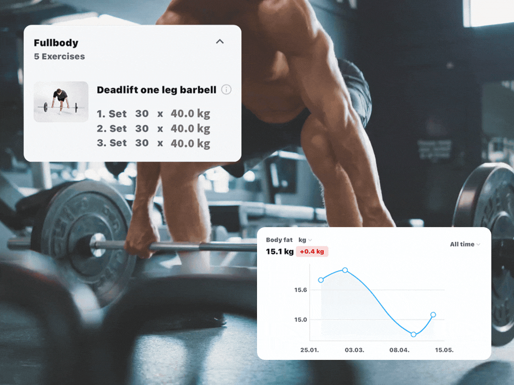 A fitness enthusiast performs exercises. In the MySports app, they can view their training progress.